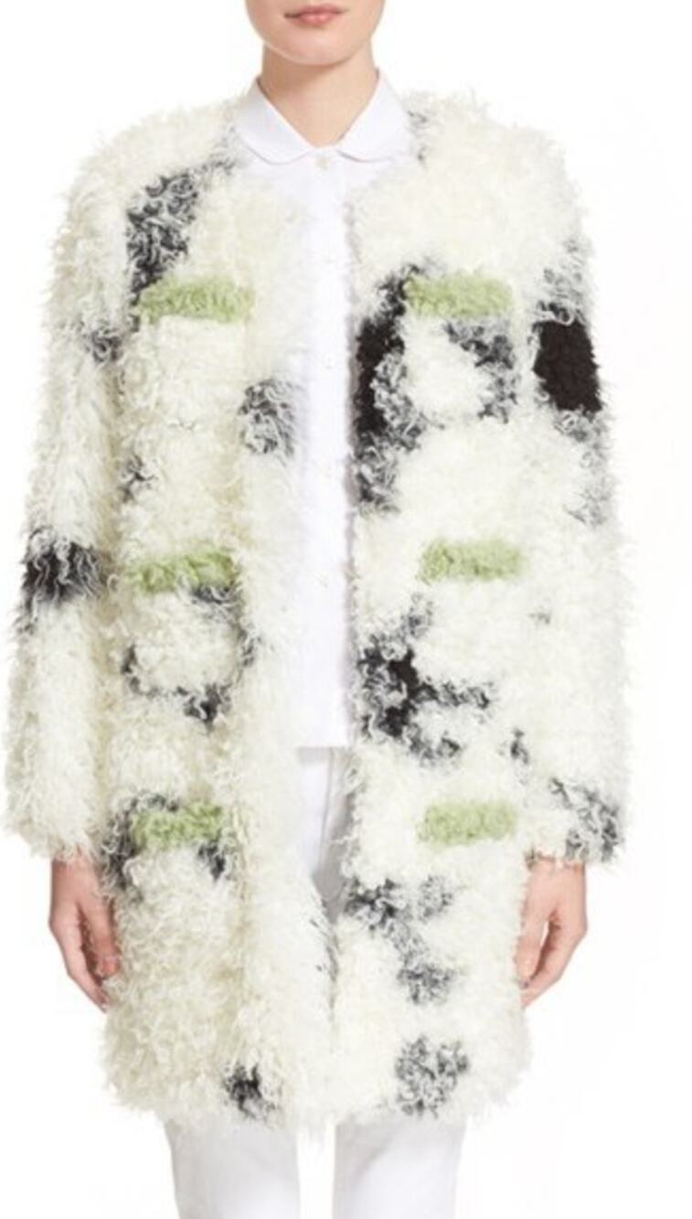 Shrimps Cheryl Faux Fur Tricolor Spotted Open Front Midi Coat Size Medium